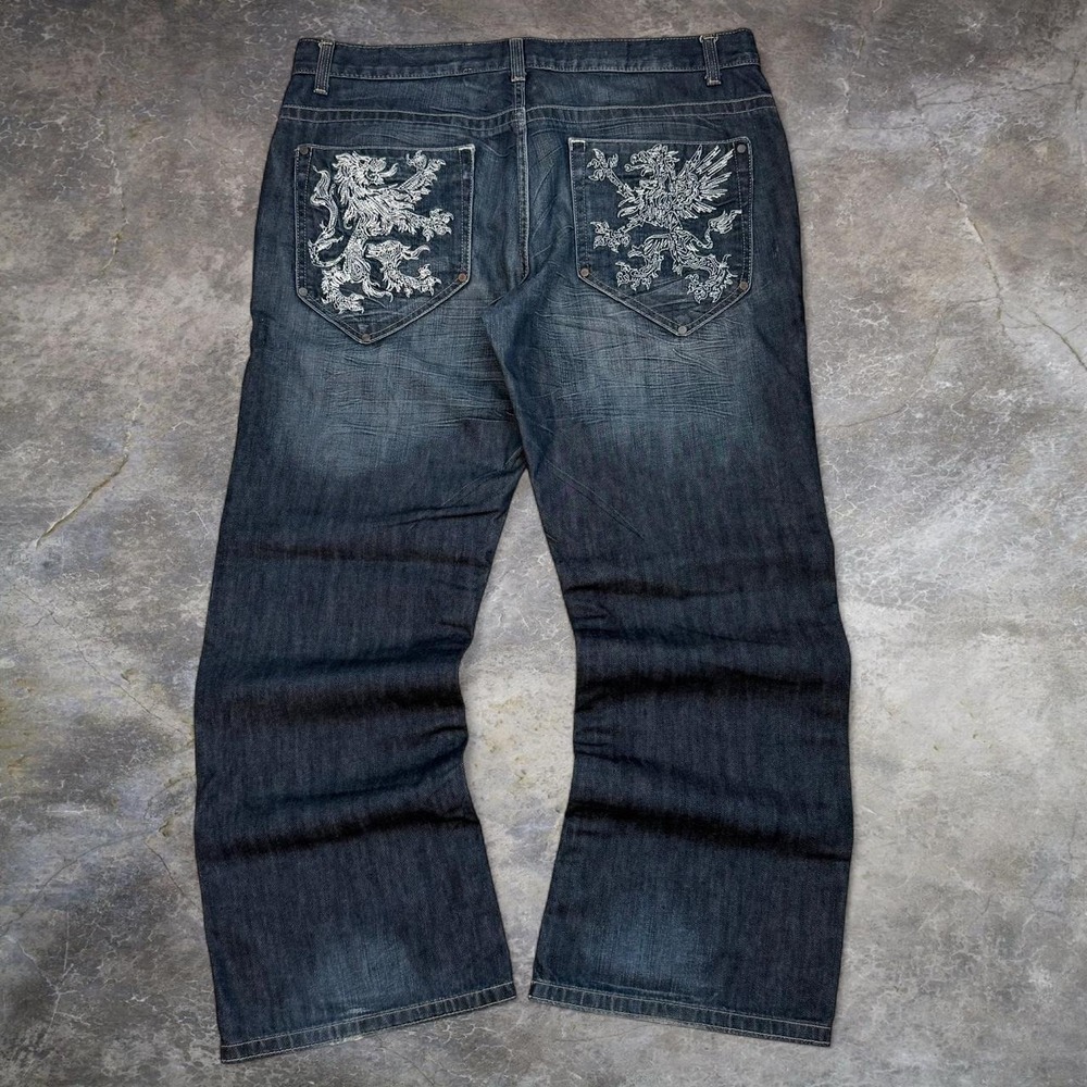 Vintage I.N.C Lion Embroidered Back Pockets Baggy Blue Jeans Mens Size 36x30 Y2K
